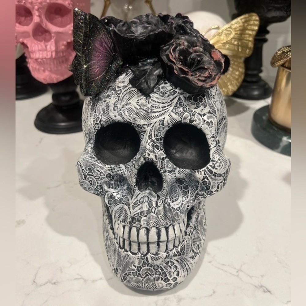 Moonlight Manor Lace Floral Butterfly Resin Skull Decor